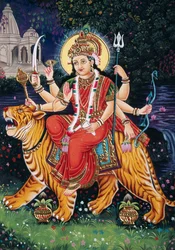 Jumalatar Durga miniatyyri maalaus paperille kirjonta kanssa