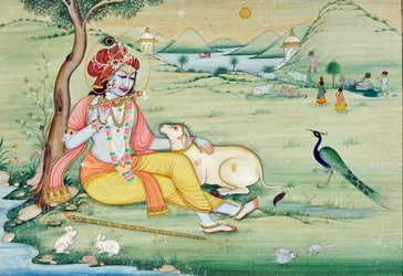Miniatyyri maalaus Krishna soittaa huilua