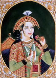 Pienoiskoossa maalaus paperille prinsessa Mumtaz Mahal vaimo Moguli keisari Shah Jahanin vaimo