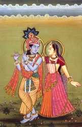 Maalaus Krishna Jumalasta ja hänen suurimmasta hartaastaan Radhasta, Intia
