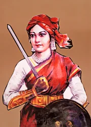 Rani Laxmibain muotokuva Jhansin kuningatar, Intian ensimmäisen itsenäisyyssodan suuri vapaustaistelija, Intian kapina 1857-58 (värilitografia)