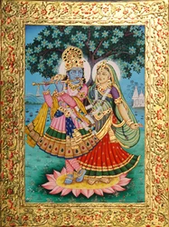 Radha Krishna miniatyyri maalaus paperille kultaisella kohokuvioinnilla