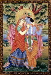 Radha ja Krishna Love Scene Miniatyyri maalaus paperille