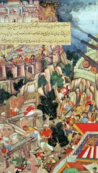 Kohtaus kaivostoiminnasta Chittorgarhin piirityksen aikana, Akbarnama, moguli, noin 1590 (painokuva).