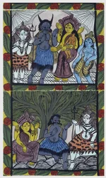 Shiva antaa elämän Ganeshalle (Ganesh tai Ganapati) äitinsä Parvatin syliin leikattuaan hänen päänsä vihan käsivarteen. Pat: maalattu rulla Bengalin alueelta, joka toimii kerrontavälineenä muusikoille Baoul (tai baul). Leonard de Selva erikoisuus