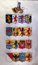 Alankomaiden (Hollanti, Flanderi, Hainaut) vaakuna lohikäärmeineen, Milanon valtionarkisto