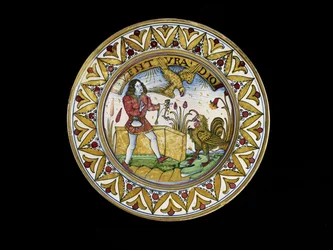 Ruokalaji, jossa on kohtaus Aisopoksen satuista, luultavasti Deruta, n. 1490-1510 (maiolica)