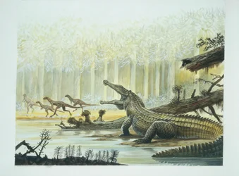 Rutiodon ja Fabrosaurus taustalla, triaskausi (väri litho)