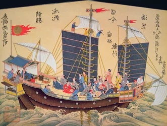 Japanilainen 1700-luvun kauppalaiva (puupalikkaprintti)