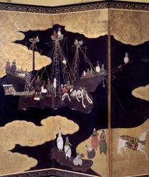 "Portugalilainen" näyttö: esitys portugalilaisten jesuiittalähetyssaarnaajien saapumisesta Japaniin 1500-luvulla. Yksityiskohta. Kanon koulun toteuttama (?). 1593-1600. Lissabonin muinaisen taiteen museo