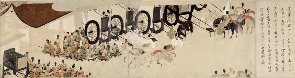 Kuvitettu tarina Heijin (1159-1160) kapinasta (Visite imperiale a Rokuhara) (Kuvitettu tarina sisällissodasta, Imperiumin vierailu Rokuharassa) - Nimetön työ, akvarelli ja muste paperille, kuudes käärö