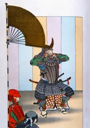 Vanhan Japanin samurai: Tokugawa Ieyasu Sekigaharan taistelun jälkeen vuonna 1600 (väri litho)
