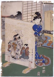 Nainen seisoo pukupuvun takana, maalaus S. "Kunisada" (värillinen puupiirros)