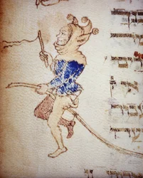 Tuomioistuimen narri. 1200-luvun juutalainen käsikirjoitus. Biblioteca Palatina, Parma.