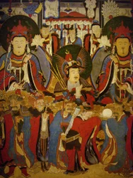 Buddha ja bodhisattva vartijoidensa seurassa, käärömaalaus, Joseon-kausi (1392-1896), Korea. Korean kansallismuseo, Soul, Korean tasavalta