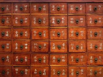 Puusta valmistetun lääkekaapin yksityiskohta, Joseon-kausi, Korea, Kim Chong-hakin kokoelma. Valokuva, Korean kansallismuseo, Korean tasavalta, 2006.