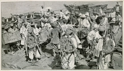 Korealaiset portterit Chemulpon satamassa (Etelä-Korea), purkamassa roskat - Kuvitus J. de Pangen 1800-luvun valokuvan jälkeen, tohtori Hagenin matkasta Koreassa