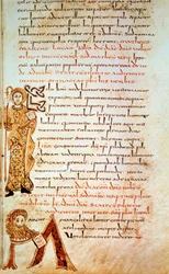 Pyhä Matteus; M-kirjain (Pyhän Markuksen leijonan pää). Sivu in “” Sacramentary of Gellone”, folio 42. Valaistunut David, v. 790, Ranska, Meaux tai Cambrai. BN, Pariisi