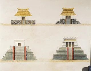 Historiallinen rakennusten jälleenrakennus Tenochtitlanissa (väri litho)