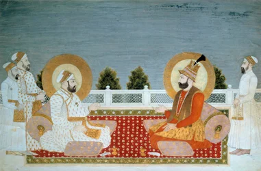 Intialainen taide: Intian keisari Muhammad Shahin (1702-1748) ja Iranin šaahi Nadir Shahin (1688-1747) kuvaus. Mogulikoulukunnan miniatyyri, Muhammad Shah (1526-1858 jKr.), 0,21 x 0,31 m, Pariisi, Musée Guimet, Aasian taiteen kansallismuseo