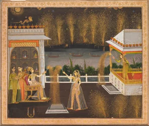 Diwalia juhlivat naiset, noin 1760 (peittävä akvarelli ja kulta paperille).