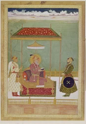 Shah Aurangzebin muotokuva miehen kanssa, mahdollisesti Ashraf Khan, 1700-luvun alku (läpinäkymätön vesiväri, muste ja kulta paperilla)