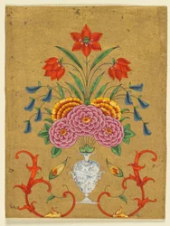 Maljakko, jossa kukka-asetelma ja käärökuvio, noin 1750-1800 (peittävä vesiväri ja kulta paperille).