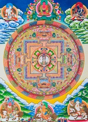 Tuhatkätisen Avalokiteshvaran mandala; pyhä, maaginen kehä kuvaa yksitoistapäistä bodhisattvaa, joka symboloi ääretöntä myötätuntoa