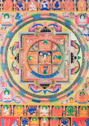 Pancha Buddha Mandala, joka kuvaa viisi Buddhan muotoa, jotka symboloivat viittä erilaista viisautta (guassi kankaalla)