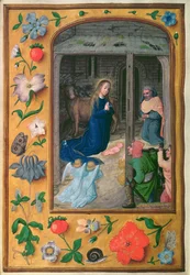 Lisää 35314 f.25v Nativity, kirjasta Tuntikirja, Brugge, n.1510-20 (vellum)