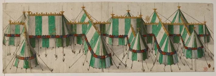 Puuvilla Augustus III, f.19 Suunnittelu kuninkaalliseen paviljonkiin Tudor-väreissä valkoisen ja vihreän, sanotaan olevan Henry VIII:lle Kultakankaalla