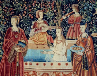 Herran elämän esirippu: kylpy. Yksityiskohta. Villa- ja silkkikudos valmistettu noin 1520 Alankomaissa. Aurinko 2,8x2,6 m Pariisi, keskiajan kansallismuseo, Thermes de Cluny