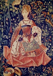 Seigneurial elämän ripustus: Brodeeraus. Yksityiskohta. Villa- ja silkkikudos valmistettu noin 1520 Alankomaissa. Pariisi, Keskiajan kansallismuseo, Thermes de Cluny