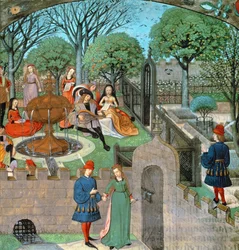 Harl 4425 f.12v Puutarhakuvaus, rakastaja ja rouva Oyseuse (joukko) puutarhan seinien ulkopuolella, "Roman de la Rose" -rakennuksesta, Bruggesta, n. 1490-1500 (vellum)