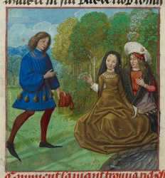 Harley 4425 f.90v Rakastaja tapaaminen Richessen (rikkaus) Roman de la Rosesta, kirjoittaneet Guillaume de Lorris ja Jean de Meun, c. 1490-luku 1500 (vellum)
