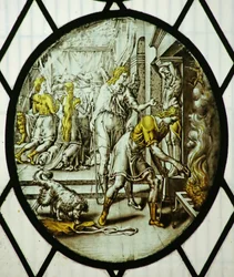 Roundel: Tobias polttaa kalan maksan (lasimaalaus)