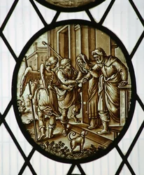 Roundel: Tobias lähtee enkelin kanssa, luultavasti 1800-luvulta (lasimaalaus)