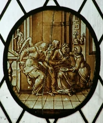 Roundel: Tobias parantui sokeudesta, luultavasti 1800-luvulta (lasimaalaus)