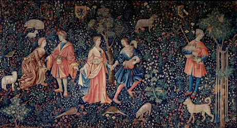 Lordship Lifen esirippu: galante kohtaus. Villa- ja silkkikudos valmistettu noin 1520 Alankomaissa. Aurinko 2,6x3,7 m Pariisi, keskiajan kansallismuseo, Thermes de Cluny