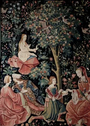 Seigneuriale Lifen verho: Scenes Gallant Villa- ja silkkikudos valmistettu noin 1520 Alankomaissa. Aurinko 2,6x3,7 m Pariisi, keskiajan kansallismuseo, Thermes de Cluny