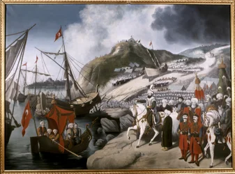 OTTOMAN EMPIRE: Sulttaani Mehmet Valloittajan laivojen laukaisu Kultaiseen sarveen... (öljy kankaalle)