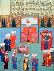Sulttaani Orhan (Orkhan tai Urchan) I (1281-1360) omaa pienoishovinsa Lokmanin "Hunername" -nimestä, vol. 1 (H 1523, f.7) 1584 Topkapi Sarayi Museum Library Istanbul