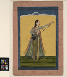 Nainen virittää tamburansa, n. 1740 (läpinäkymätön akvarelli paperille)