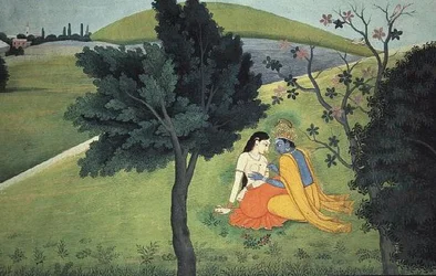 Krishna koristaa Radhan rintaa, sarjasta "Gita Govinda", attribuoitu joko Kushalalle tai Gaudhulle, Kangra, Himachal Pradesh, noin 1780