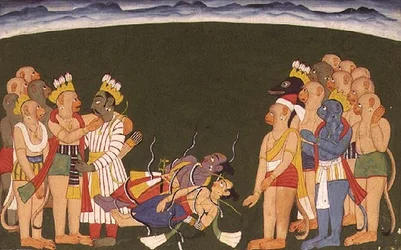 Rama ja Lakshmana hyökkäsivät nagapasalla "Sangri Ramayanasta", Kulu-Mandista, Himachal Pradeshista