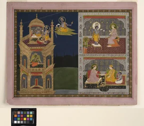 Vishnu lähestyy kultaista tornia Garudalla, n. 1825 (läpinäkymätön akvarelli ja kulta paperilla)