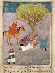 Islamilainen taide: vihollisia mestataan. Persialainen miniatyyri Ferdowsin (Firdawsi, tai Ferdawsi, tai Firdousi, n. 940-noin 1020) eeppisen runon "Shahnameh" (Shah Nama, Shahnama) (Kuninkaiden kirja) käsikirjoituksesta, Kansalliskirjasto, Napoli