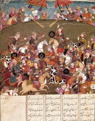 Islamilainen taide: taistelukohtaus. Persialainen miniatyyri Ferdowsin (Firdawsi tai Ferdawsi tai Firdousi) eeppisen runon "Shahnameh" (Shah Nama, Shahnama) (Kuninkaiden kirja) käsikirjoituksesta, n. 940 - noin 1020