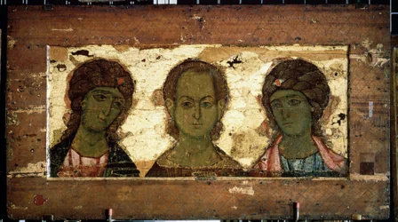 Kristus Emmanuel arkkienkelit Mikaelin ja Gabrielin ympäröimänä (Kristus Emmanuel arkkienkelit Mikaelin ja Gabrielin kanssa). Venäläinen ikoni, tempera puulla, 1100-luvun loppu. Vladimirin taide (Venäjä). Valtion Tretjakovin galleria, Moskova (Venäjä).