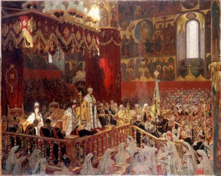 Nikolai II:n kruunajaiset vuonna 1896 Moskovan Uspenskin katedraalissa - tuntemattoman venäläisen tekijän maalaus